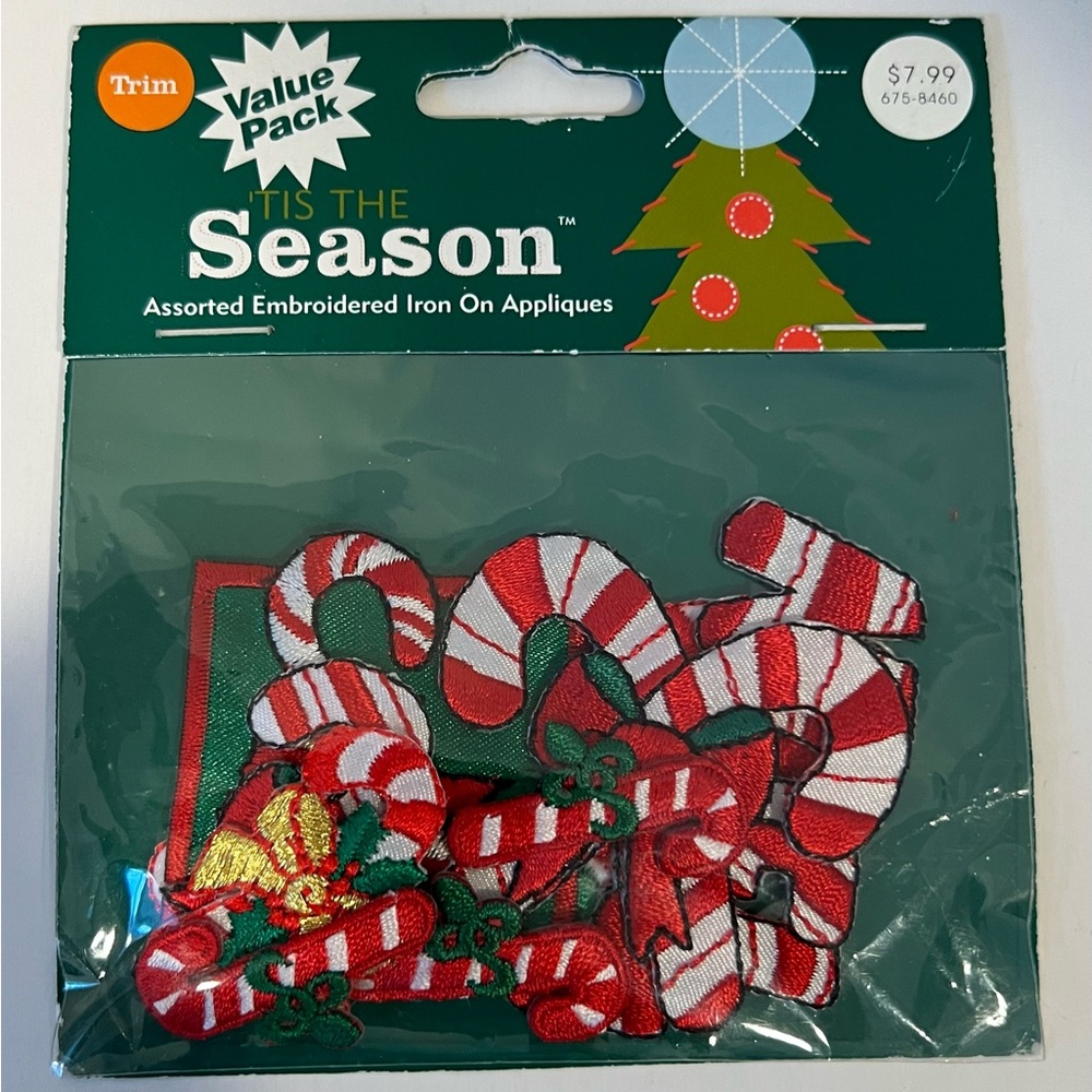 NEW 2003 Pack Assorted Embroidered Iron-On Christmas Candy Cane Appliques